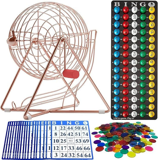 MR CHIPS 11" (Inch) Tall Professional Bingo Set with Steel Cage, Everlasting 7/8” Balls, 18 Cards and 300 Chips - Rose Gold Color