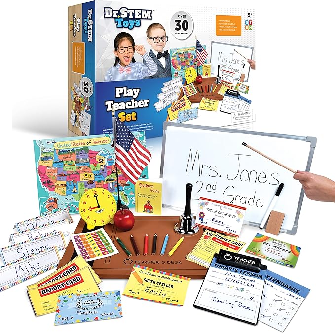 Dr. STEM Toys | Play Teacher Role-Play Set Includes Reusable White Board, Bell, Report Cards, for Home or Classroom, Over 30 Pieces Included, Gift for Kids, Complete Set