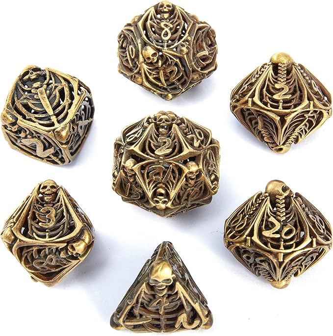 Metal Skull Dice Set Hollow Multi-Sided Dungeons & Dragons Dice 7CPS Role-Playing Dice Set with Flannel Bag Suitable for D&D Board Game Cards(Ancient Bronze)
