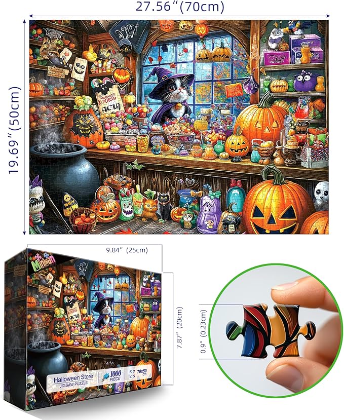 Halloween Witch Cat 1000 Piece Puzzle for Adults Halloween Candy Store Jigsaw Puzzle Spooky Treats Scene Challenging Impossible Puzzle Fun Games for Adults & Family Game Night