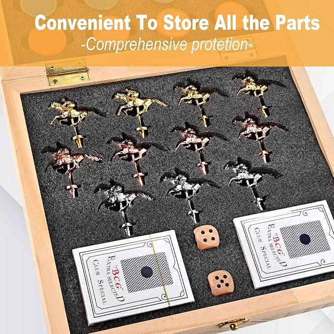 21 inches Horse Racing Game, Horse Race Board Game with 11 Metal Horses, Wood Folding Board Game with 120PCS Chips, 2 Dice and 2 Decks of Cards,for Friends Adults Family Party Game Night