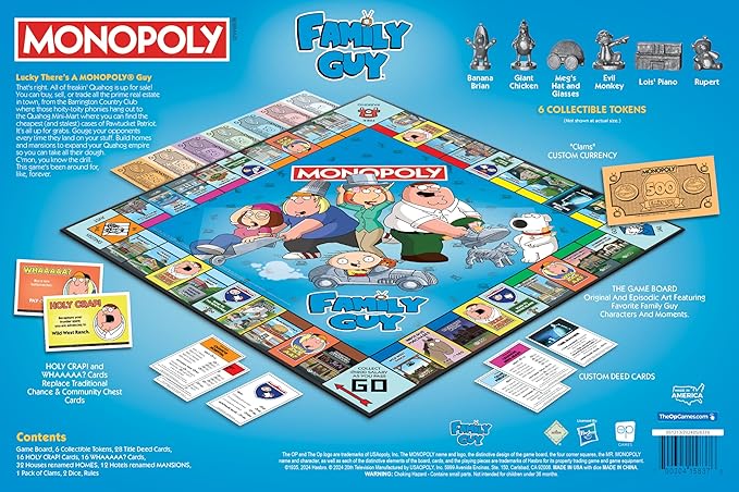 Monopoly: Family Guy Board Game, Featuring Banana Brian, Giant Chicken, Rupert and More, Buy, Sell, Trade Quahog’s Locations from McBurgertown to Wild West Ranch, Officially Licensed Family Guy Game
