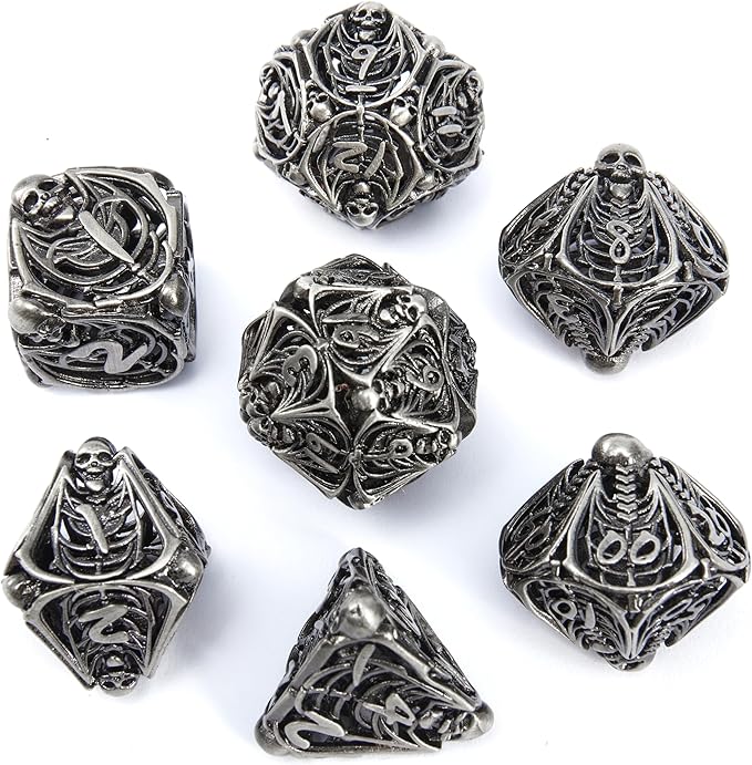 Metal Skull Dice Set Hollow Multi-Sided Dungeons & Dragons Dice 7CPS Role-Playing Dice Set with Flannel Bag Suitable for D&D Board Game Cards(Antique Nickel)