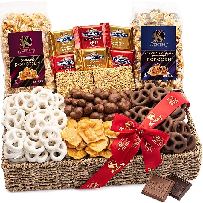 KREMERY Creamy Chocolate Cravings - Chocolate Covered Pretzels & Caramel Popcorn Gift Basket, in Seagrass Tray + Ribbon (Deluxe, 3.5 lbs) Food Arrangement, Kosher Dairy, USA Made