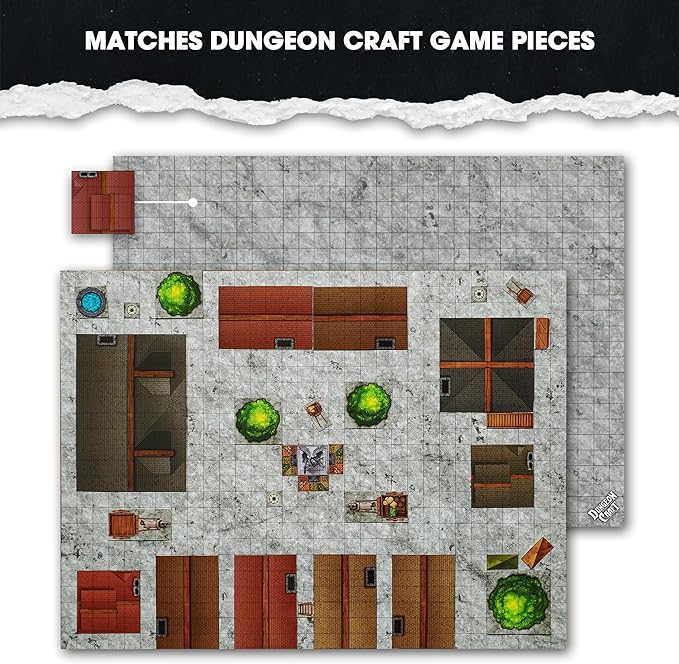 DUNGEON CRAFT Battle Map for DND & RPG – Double-Sided Gloss Laminated 24"x33" Mat with 1" Grid – Wet/Dry Erase Tabletop Terrain – City Pack