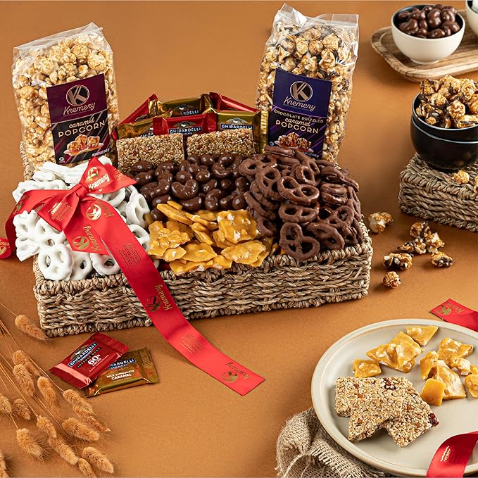 KREMERY Creamy Chocolate Cravings - Chocolate Covered Pretzels & Caramel Popcorn Gift Basket, in Seagrass Tray + Ribbon (Deluxe, 3.5 lbs) Food Arrangement, Kosher Dairy, USA Made
