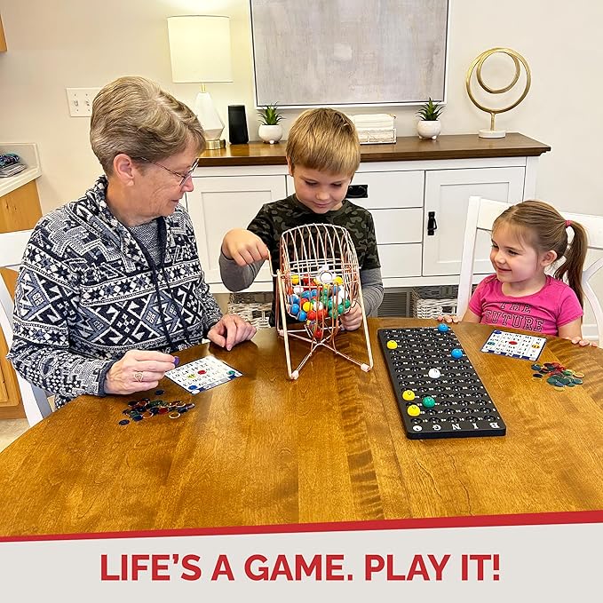 MR CHIPS 11" (Inch) Tall Professional Bingo Set with Steel Cage, Everlasting 7/8” Balls, 18 Cards and 300 Chips - Rose Gold Color