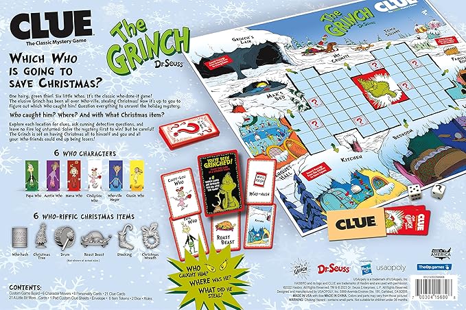 CLUE: The Grinch, Classic Mystery Board Game, Solve The Holiday Theft in Whoville with Cindy-Lou & More, Discover Who, Where, and What was Taken, Officially Licensed Dr. Seuss Merchandise