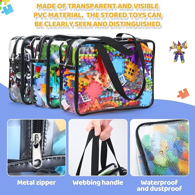 6 Packs Large Toy Storage Bags,Clear Waterproof PVC Toy Storage Organizer with Zipper,Reusable Travel kids Organizer Bags for Board Game,Building Blocks and Puzzles,Black