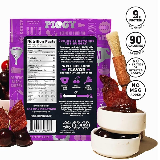 KRAVE All Natural Pork Jerky, Black Cherry BBQ - Protein Packed Snacks Roasted for Maximum Flavor - Premium Tender Meat Cuts - Gluten Free - 2.7 Ounce