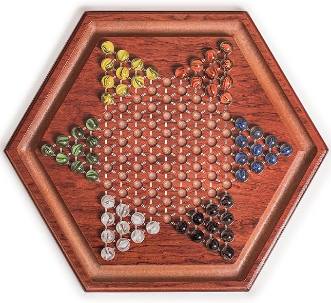 Yellow Mountain Imports Wooden Chinese Checkers Halma Board Game Set - 13.6-Inch - with 60 Colored Petal-Style Glass Marbles (16-Millimeter) - Classic Strategy Game
