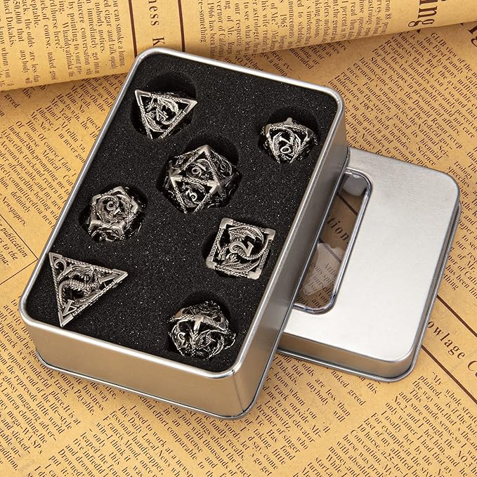 DND Dice,Hollow D&D Metal Dice,Dungeons and Dragons Dice Set with Gift Box,7 PCs Steampunk Polyhedral Dice Games Set for RPG,MTG,Pathfinder,(Dragon Ancient Silver)
