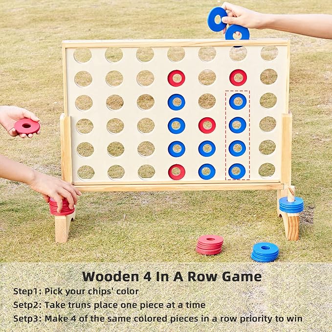 26X22In Giant Wooden 4 in a Row Game, Outdoor Yard Game for Famlies Adults, 42 Pcs Chips & Durable Carrying Bag, Halloween Christmas Party Gifts for Lovers