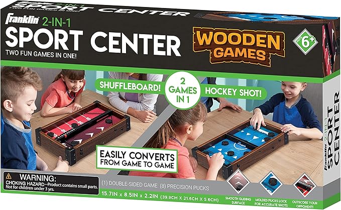 Franklin Sports Shuffleboard and Sling Puck Game - Slingshot Hockey and Shuffleboard Set with Pucks and Game Boards - 8 Mini Pucks and Slings Included
