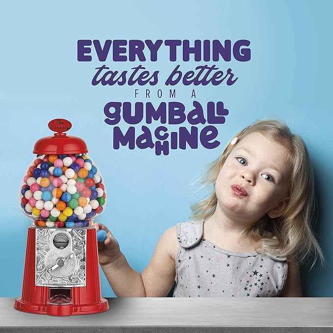 Gumball Machine - 12 Inch Candy Dispenser for 0.62 Inch Bubble Gum Ball and More - Vintage Heavy Duty Red Metal with Large Glass Ball- Easy Twist-Off Refill - Free or Coin Operated - by The Candery