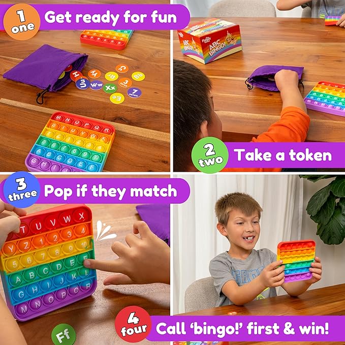 The Fidget Game ABC Bingo, Games for Kids - Six Educational Alphabet Bingo Popping Mats for Preschool, Toddlers, Kindergarten - Learning Activities for 2-6 Players 3+ Years