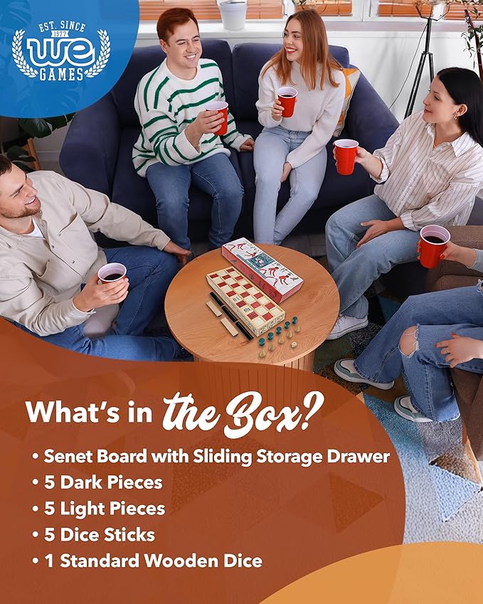 WE Games Senet Egyptian Board Game – Handcrafted Solid Wood Senet Set for Historical Education, Cultural Appreciation & Strategy – Ancient Game for Friends