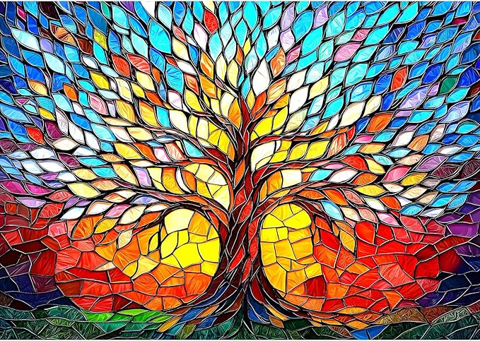 500 Piece Puzzles for Adults Stained Glass Tree of Life Puzzle for Adults Colorful Mosaic Jigsaw Puzzles 500 Pieces with Letters on Back Hard Impossible Difficult Challenging Family Puzzle(21"x15")