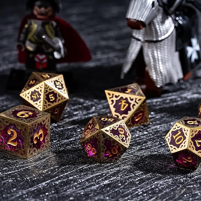 Cusdie 7-Piece Metal Frame Sharp Edges DND Dice Set with Metal Frame- Perfect for Tabletop RPGs Board Games Gifting and Collecting(Purple)