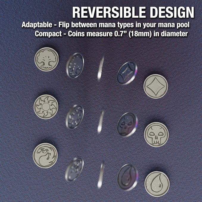Citadel Black MTG Reversible Mana Coins - Set of 30 Metal Tokens with Drawstring Storage Pouch, Antique Silver Finish, Designed for Magic: The Gathering