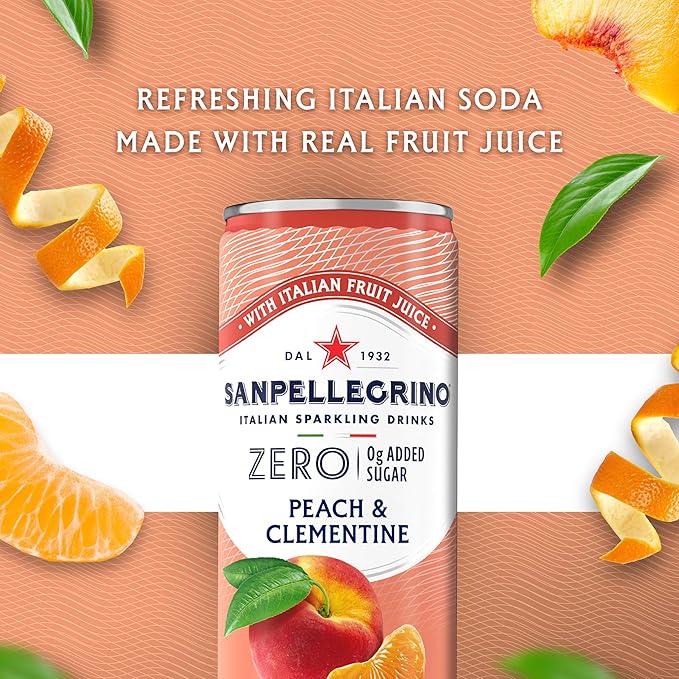 Sanpellegrino Zero Grams Added Sugar Italian Sparkling Drinks, Sparkling Peach Clementine Beverage, 11.15 Fl Oz (Pack of 24)