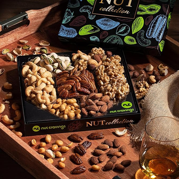 NUT CRAVINGS - Nut Collection Gift Basket in Elegant Box (7 Assortments) Food Arrangement, Healthy Snack Care Package, Kosher