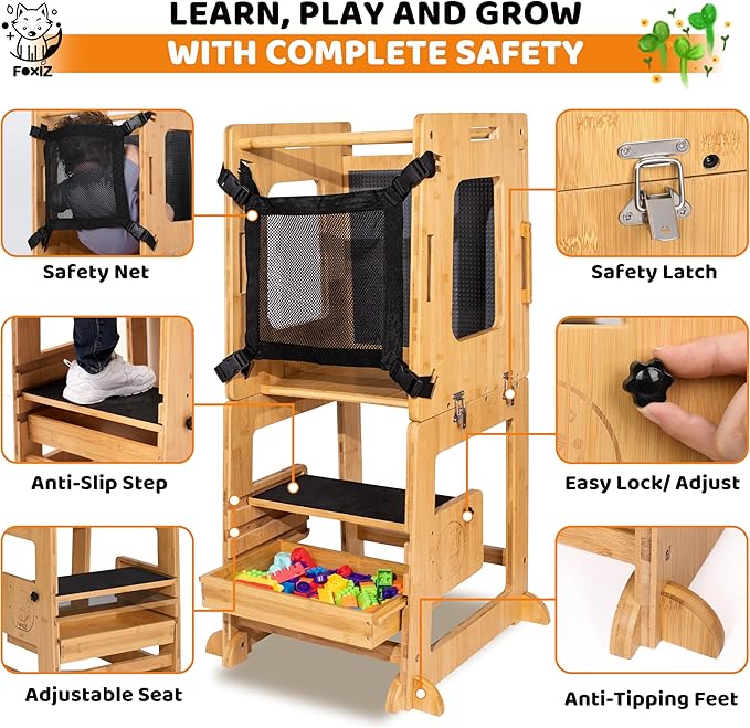 Montessori Inspired Bamboo 4 in 1 Convertible Toddler Tower with Storage and Safety Net, Foldable Learning Standing Tower, Activity Table and Step Stool for Toddlers 1-3