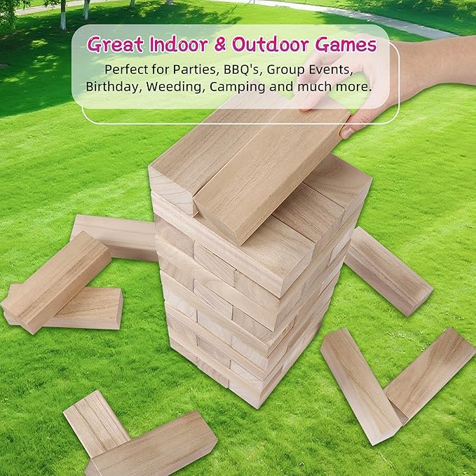 GOTHINK Giant Tumble Tower Game, Large Tumbling Tower Stacking Up to 5.5 FT 54pcs Wooden Jumbo Blocks for Outside Yard Games with Carry Case Timber Stacking Game Night Toy Gift for Kids Adults Family