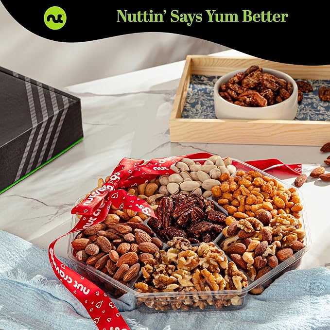 NUT CRAVINGS - Mixed Nuts Gift Basket + Heart Ribbon (7 Assortments) Food Arrangement, Healthy Snack Care Package, Kosher