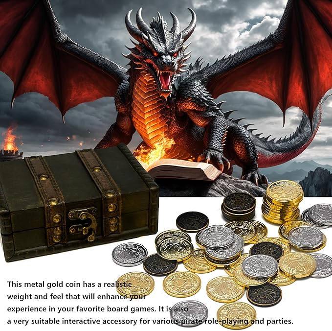 Metal Pirate Coins, 50 Pieces Lots of Toys Gold Coins for Board,for DND Props Accessories, Treasures and Treasure chests Fantasy Dragon Coinsfor RPG Tablelap