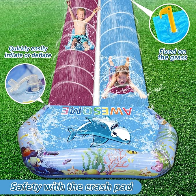VEEST 33 FT Extra Long Water Slides for Kids Adults, Giant Double Lawn Water Slip Heavy Duty with 2 Bodyboards, Summer Water Slides with Crash Pad for Backyard Outdoor