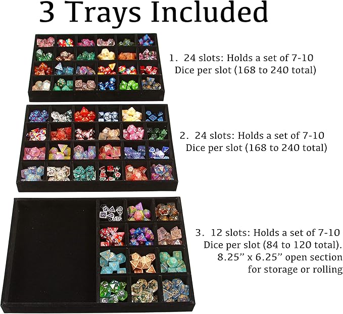 Forged Dice Co. Dice Display Case and Rolling Tray with 3 Removable Divided Dice Trays - Storage Box Holds up to 720 Metal or Plastic Polyhedral Dice Sets - Great for Dice Collectors or RPG D&D Games