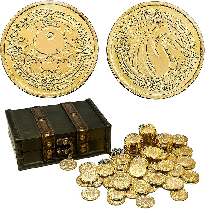 Dragon Gold Metal Pirate Coin-110 Coin Treasure Set, Suitable for Board, Tokens, Simulated Currency, Treasure chests, for and DND Metal Tokens for Dungeons and Dragons (Gold 110 Pieces)