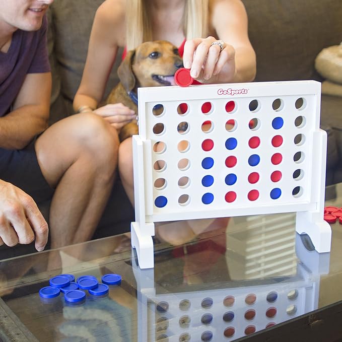 GoSports 1 Foot Width Premium 4 in a Row Game, Choose Between Classic White or Dark Stain – with Connect Coins, Portable Case and Rules