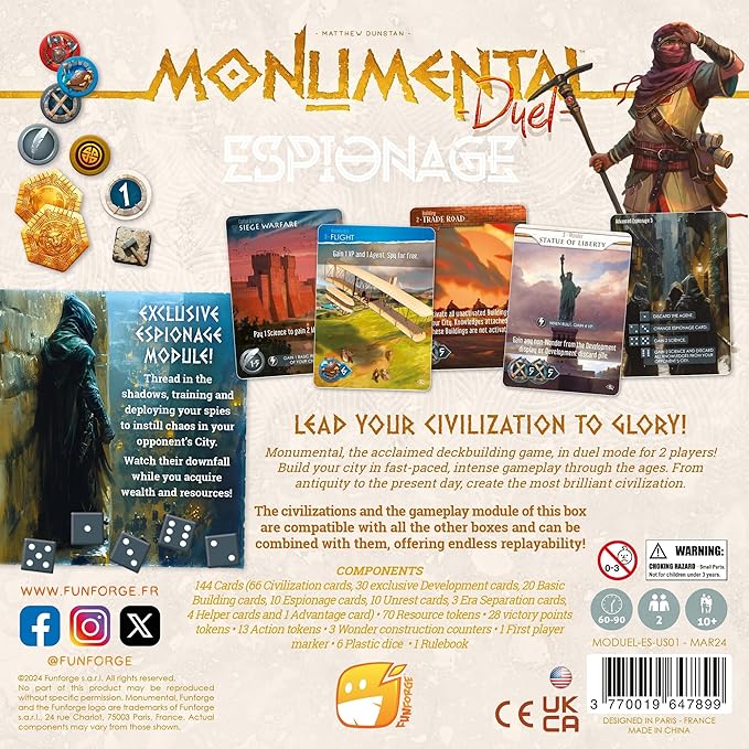 Monumental Duel - Espionage - Civilization Deck-Building Board Game, Strategy Game, Combine Or Standalone, Ages 10+, 2 Players, 60-90 Min