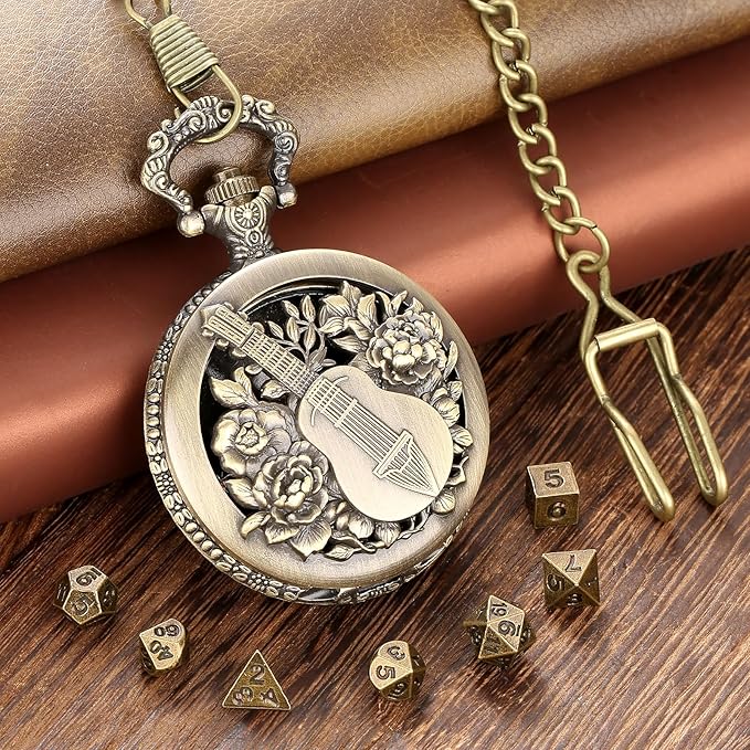Bronze Mini DND Dice Set with Hollow Bard Pocket Watch Shell Case, Steampunk DND Gifts with Dice Bag, 7pcs Polyhedral Metal Dice Set, D&D Starter Set, Role Playing Board Games Accessories, Bard Gift