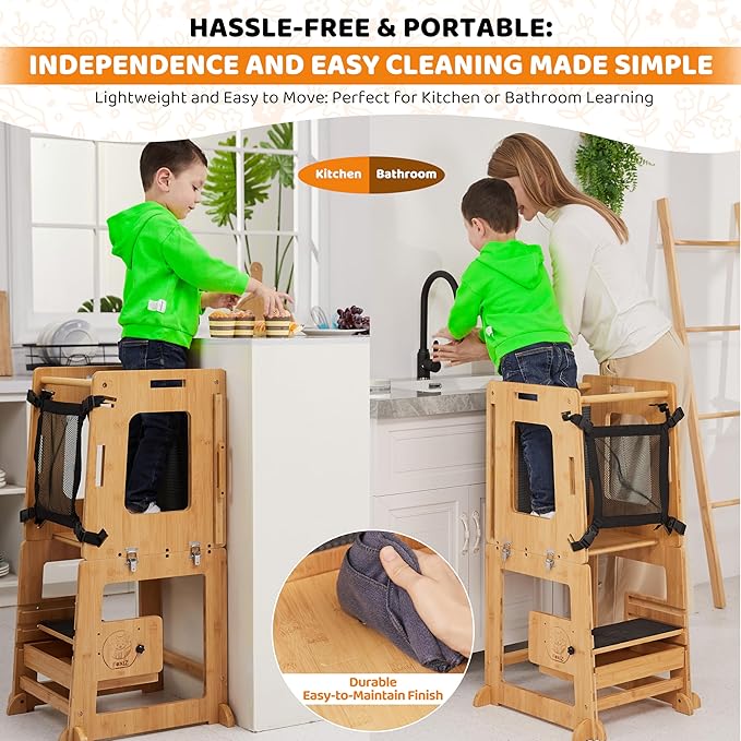 Montessori Inspired Bamboo 4 in 1 Convertible Toddler Tower with Storage and Safety Net, Foldable Learning Standing Tower, Activity Table and Step Stool for Toddlers 1-3