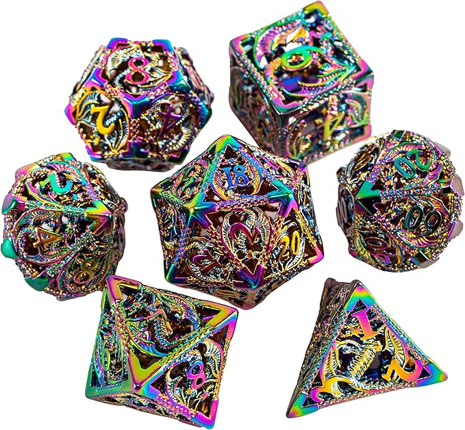 Metal DND Dice Set Dungeons and Dragon Dice Set Hollow Dragon Polyhedral Magic 7 PCS Dice Set with Gift Metal Box for Dungeons and Dragons Table Games Play Cards MTG(Dragon_Colorful)