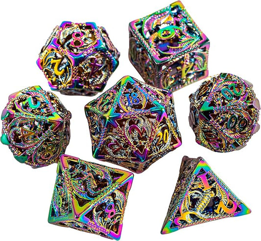Metal DND Dice Set Dungeons and Dragon Dice Set Hollow Dragon Polyhedral Magic 7 PCS Dice Set with Gift Metal Box for Dungeons and Dragons Table Games Play Cards MTG(Dragon_Colorful)