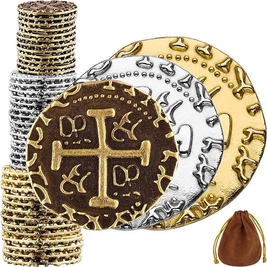 Large Pirate Coins - 36 Bronze, Silver & Gold Treasure Coin Set - Metal Replica Spanish Doubloons for Board Games, Tokens, Cosplay, Realistic Money Imitation, Pirate Treasure Chest - M, L, XL Sizes