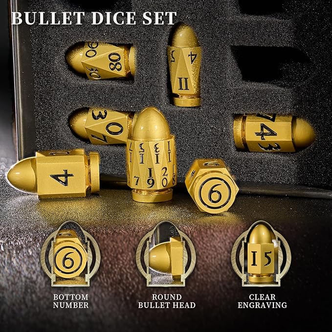 Bullet Dice Set,DND Dice for Dungeons and Dragons,Metal Dice Polyhedral D&D Dice for Warhammer 40K (Pearl Gold BlackNumber)