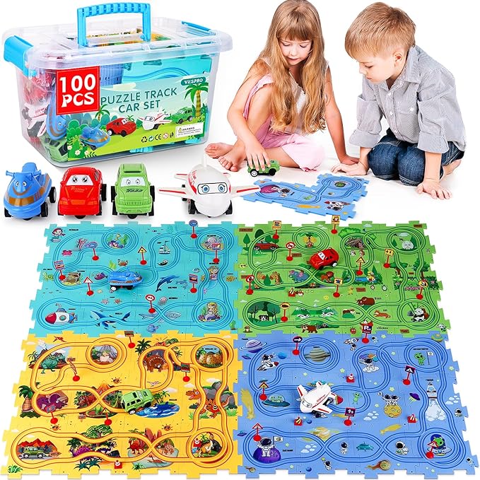 VESPRO 100PCS Kids Car Track Set - 4 Series Toddler Puzzle Racer Play Set, Educational Toys for Boys and Girls Ages 3+