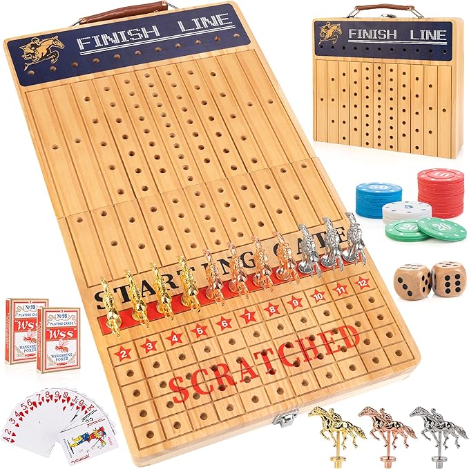Bravmate Large 21 Inches Horse Race Board Game, Solid Wood Foldable Horse Racing Game with 11 Luxury Metal Horses, 2 Wooden Dice, 2 Boxes of Cards, 80 Chips for Parties