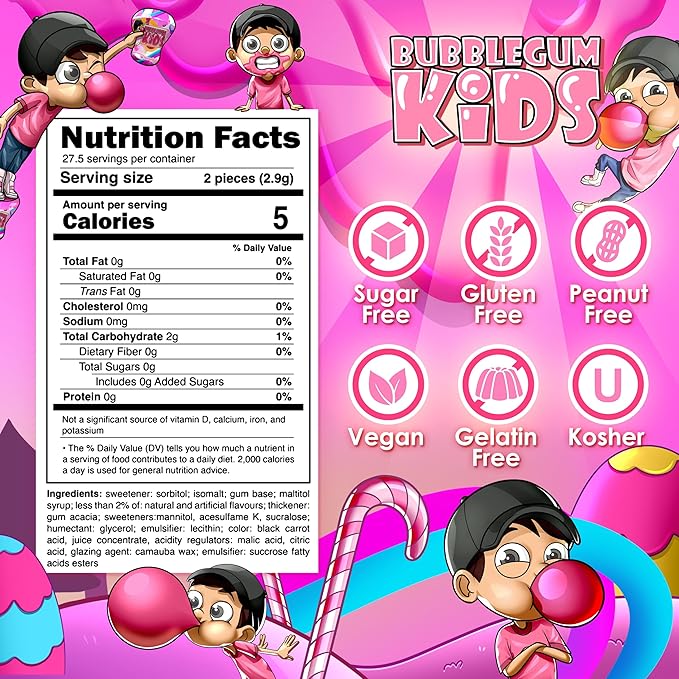 Bubblegum Kids Sugar-Free Gum - Classic Bubblegum Flavor Sugar Free - Bubble Gum for Kids and Adults Craving Nostalgia - Vegan and Kosher Friendly, Parent Approved - Pack of 1