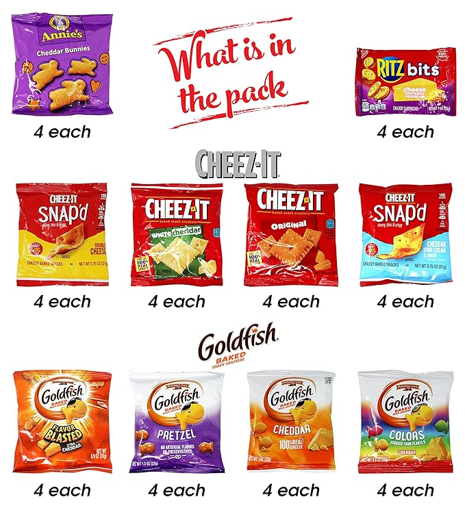 Niro Assortment | 40 Packs Individual Bags Cheese Crackers Variety Pack, Cheez-It, Gold fish, Annie's, and Ritz Bits Snack Packs | Snacks for Adults and Children