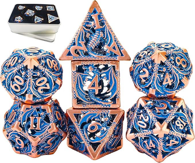 Metal DND Dice Set Dungeons and Dragon Dice Set Hollow Dragon Polyhedral Magic 7 PCS Dice Set with Gift Metal Box for Dungeons and Dragons Table Games Play Cards MTG(Dragon_Pearl Red Copper Blue)