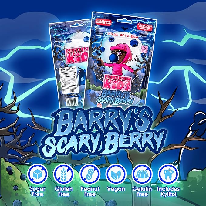 Bubblegum Kids Sugar Free Gum - For Kids and Adults - Vegan Friendly - Retro, Parent Approved Bubble Gum with Burst of Sweet Flavor - Barry's Scary Berry (Berry 6-Pack)