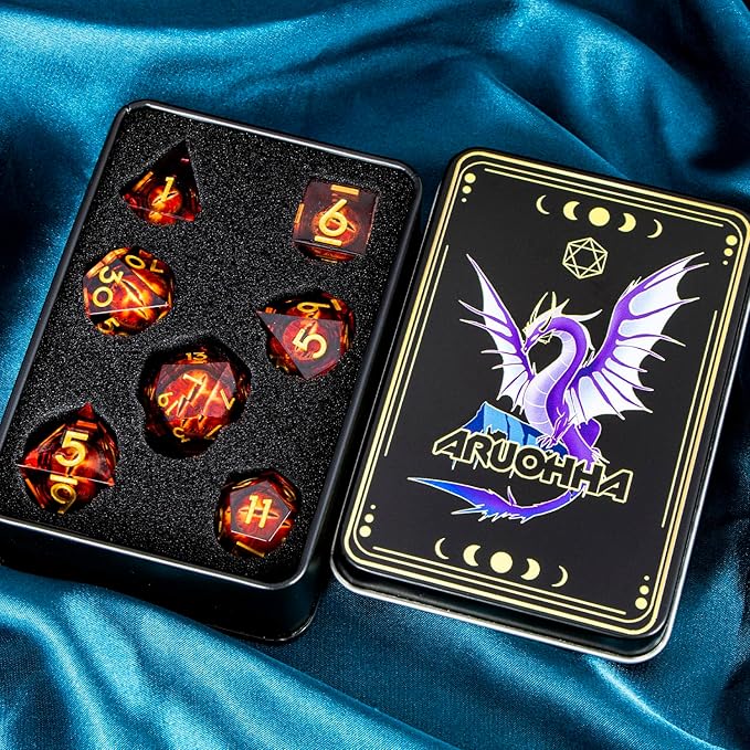 ARUOHHA DND Resin Dice Gazes Eye Dice Liquid Core Flaming RPG Sharp Edged Dice Set with Gift Box, Polyhedral D and D Dice Set Compatible with Dungeons Dragons Role Playing Game D20 D12 D10 D8 D6