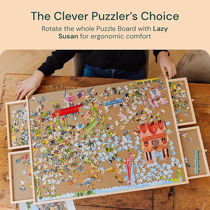PlayVibe 1500 Piece Rotating Puzzle Board with Drawers and Cover - Sturdy Jigsaw Puzzle Table with 6 Drawers 26" x 35" - Portable Puzzles Boards with Lazy Susan, Wooden, Spinning Puzzles Accessories