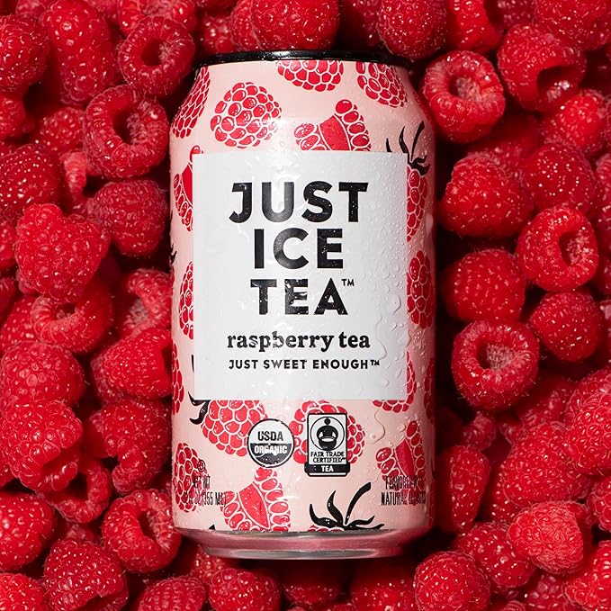 Just Ice Tea, Raspberry Flavored Black Iced Tea, 24-Pack (12oz Cans), USDA Certified Organic, Low Calorie, No Artificial Sweeteners, Fair Trade, Made in USA.